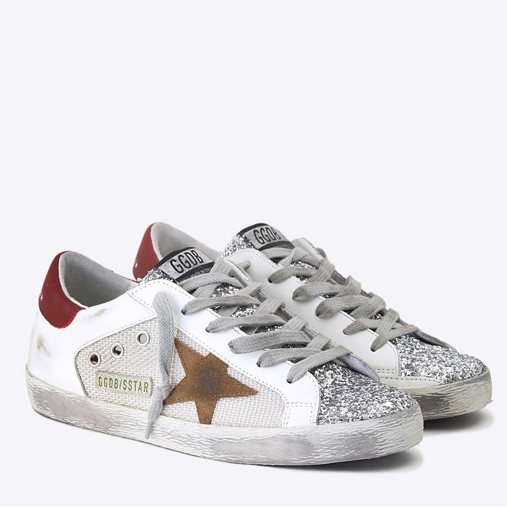 Golden Goose Super-Star White/Silver Tobacco/Glitter Sneakers, Size 38